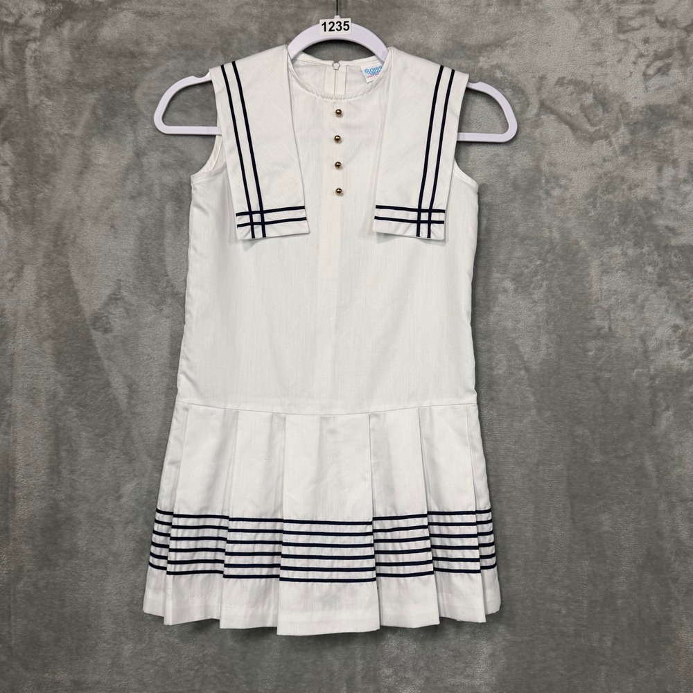 Vintage Bonnie Jean Sailor Dress Kids 7 White Nautical Pleated Halloween Union
